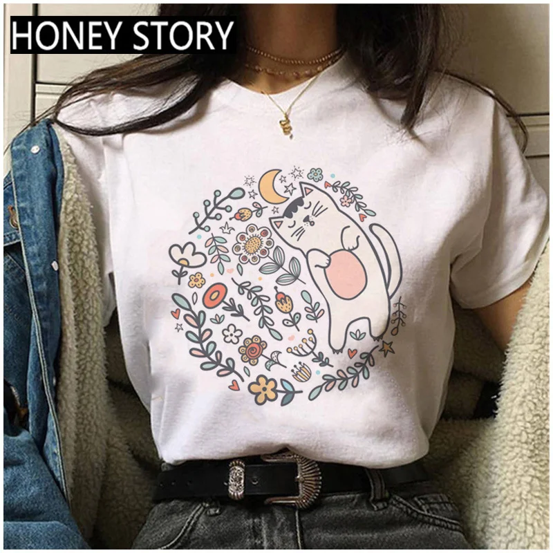 Dames T-shirt met kattenprint, ronde hals, losse pasvorm en korte mouwen. Casual en comfortabel voor dagelijks gebruik. — foto 7