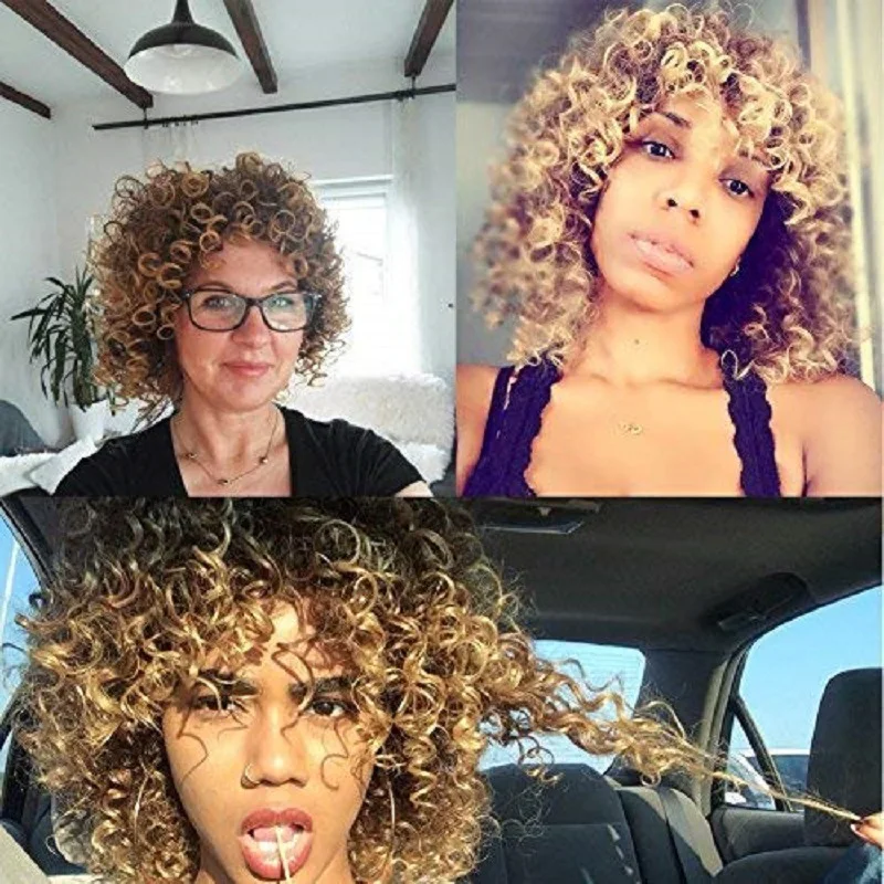 Title 2, Kısa Kıvırcık Afro Kadın Peruk Küçük Bukleler K...