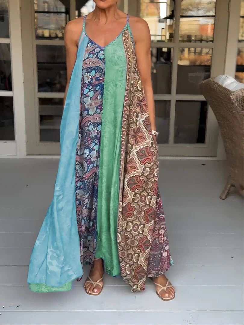 Multicolor print vacation maxi dress with spaghetti straps and a large swing skirt, perfect for summer holidays. — photo 7