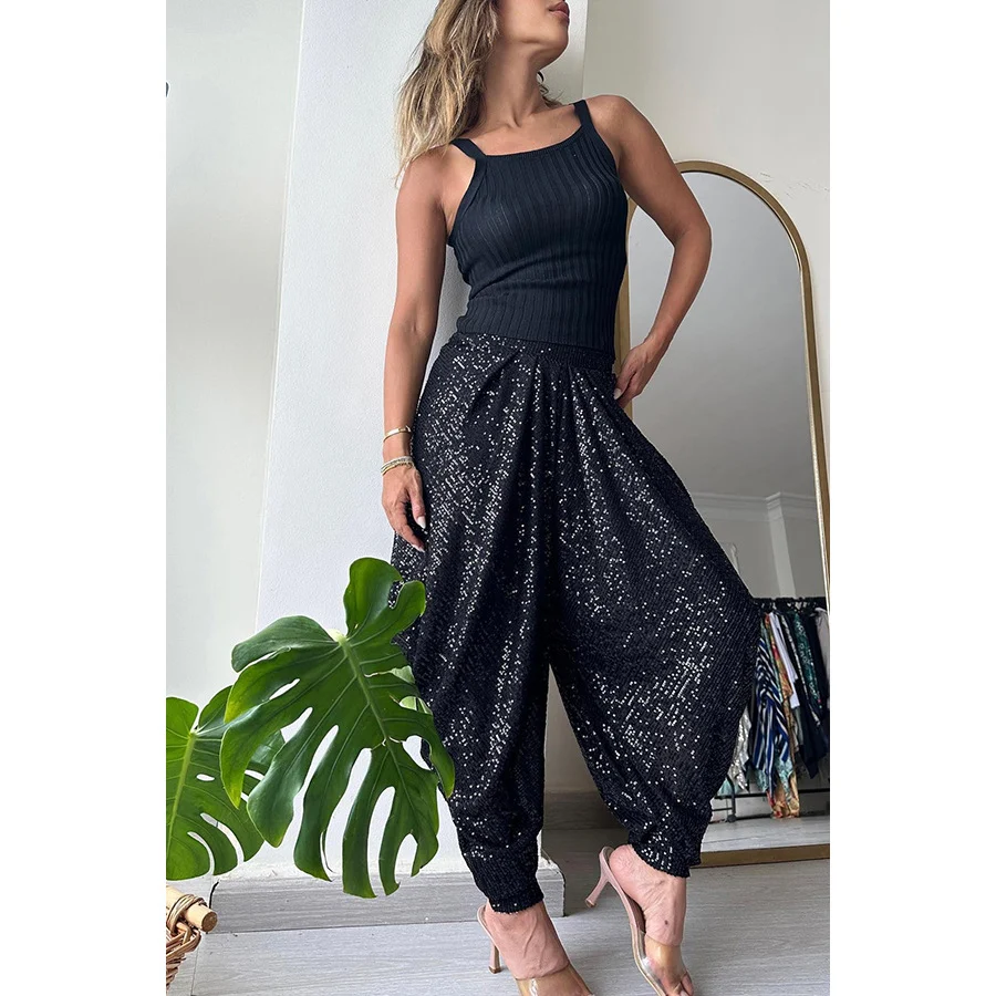 Calças Soltas com Lantejoulas Estilo INS Casuais Cintura Elástica Bloomers para Roupas Femininas, Conforto e Brilho — foto 6