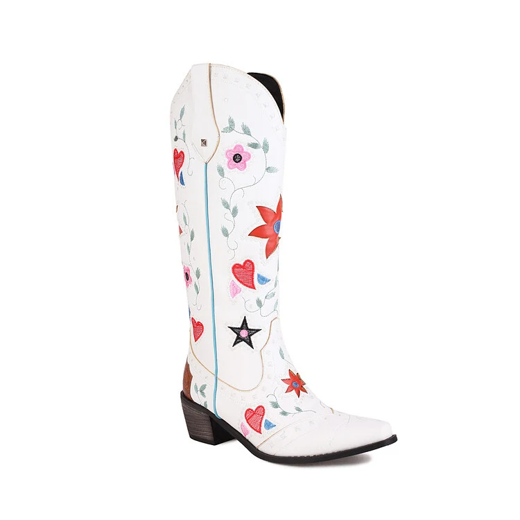 Denim Pointed Toe Chunky Heel Embroidered Rivets Boots. Comfortable and stylish boots perfect for making a statement. — photo 6