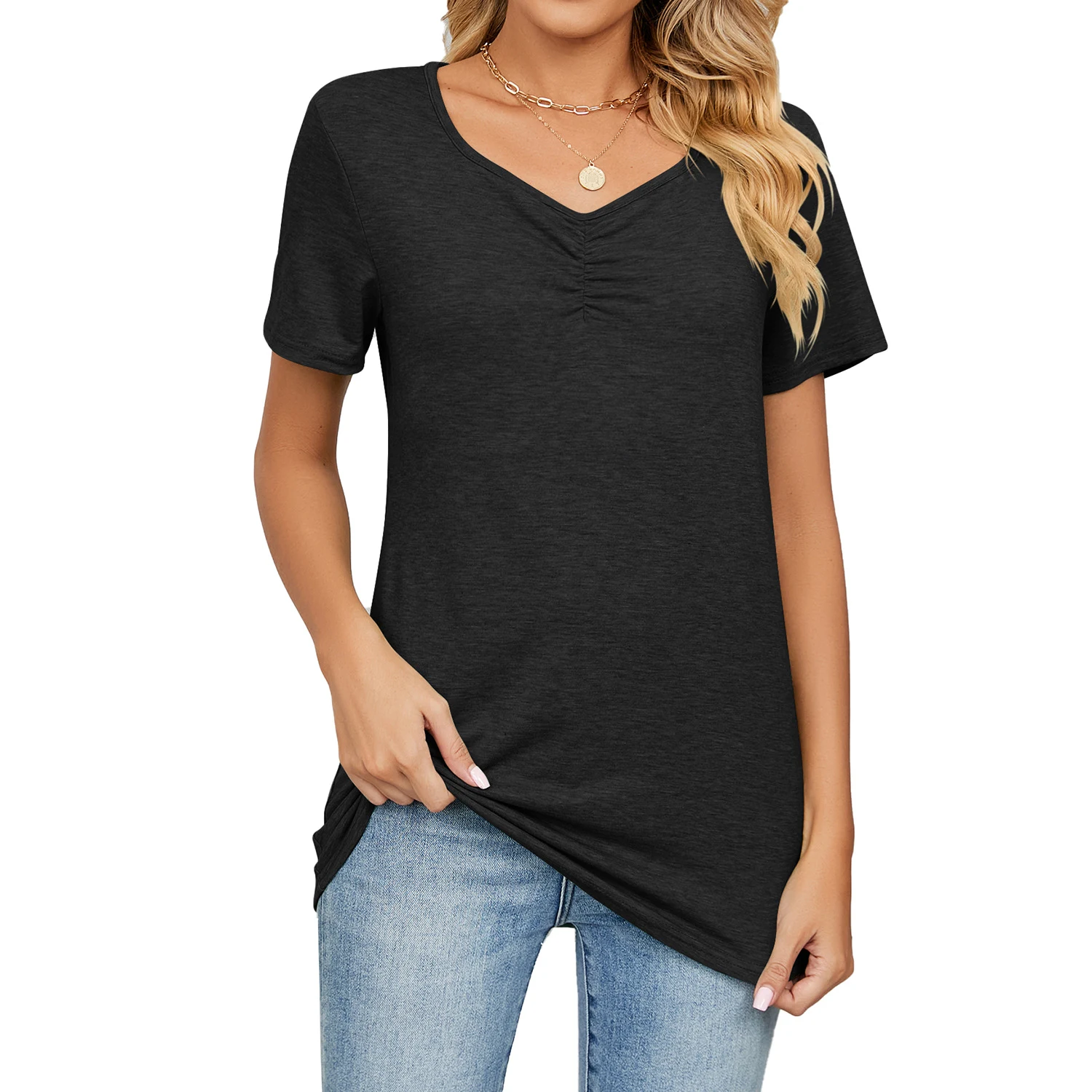 Moda feminina com decote em V plissado casual cor sólida camiseta solta — foto 6