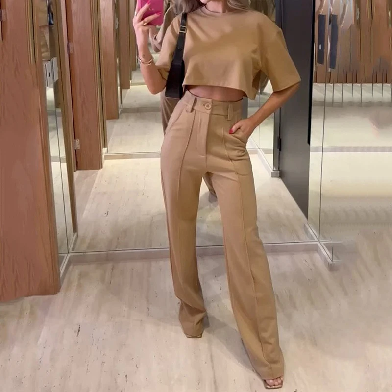 Women's Solid Straight Leg Trousers Two-piece Set, offering a comfortable, stylish, and versatile outfit solution for wo — photo 3