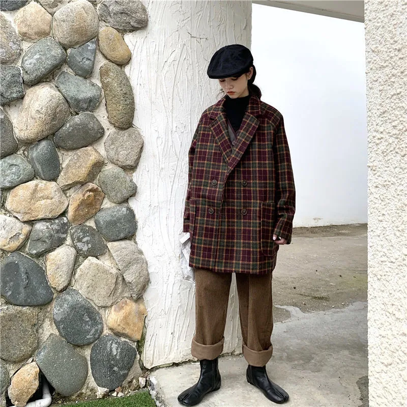Title 5, Womens Retro Plaid Thick Woolen Loose Suit Jac...