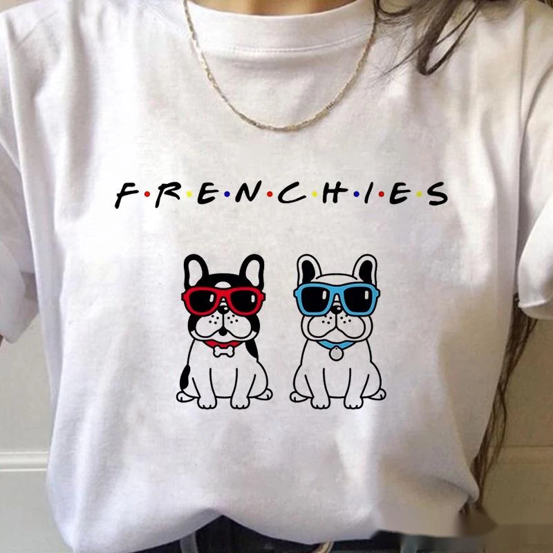 T-shirt femminile per tutte le partite con girocollo e stampa cartoon francese Love Bulldog — foto 2