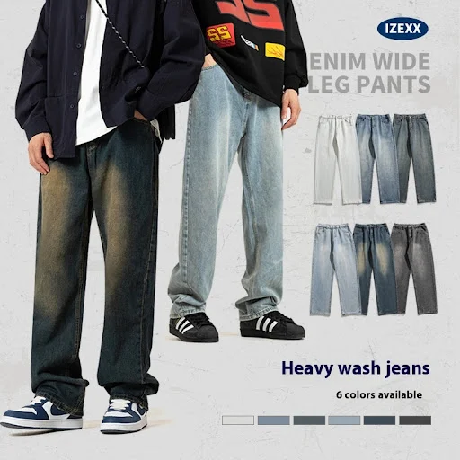 Title 5, Mens Washed Jeans Spring American Wide Leg Lei...