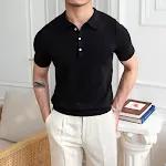 Camiseta masculina de manga curta com corte slim, fina e com lapela de malha. Perfeita para um visual moderno e elegante. — foto 7