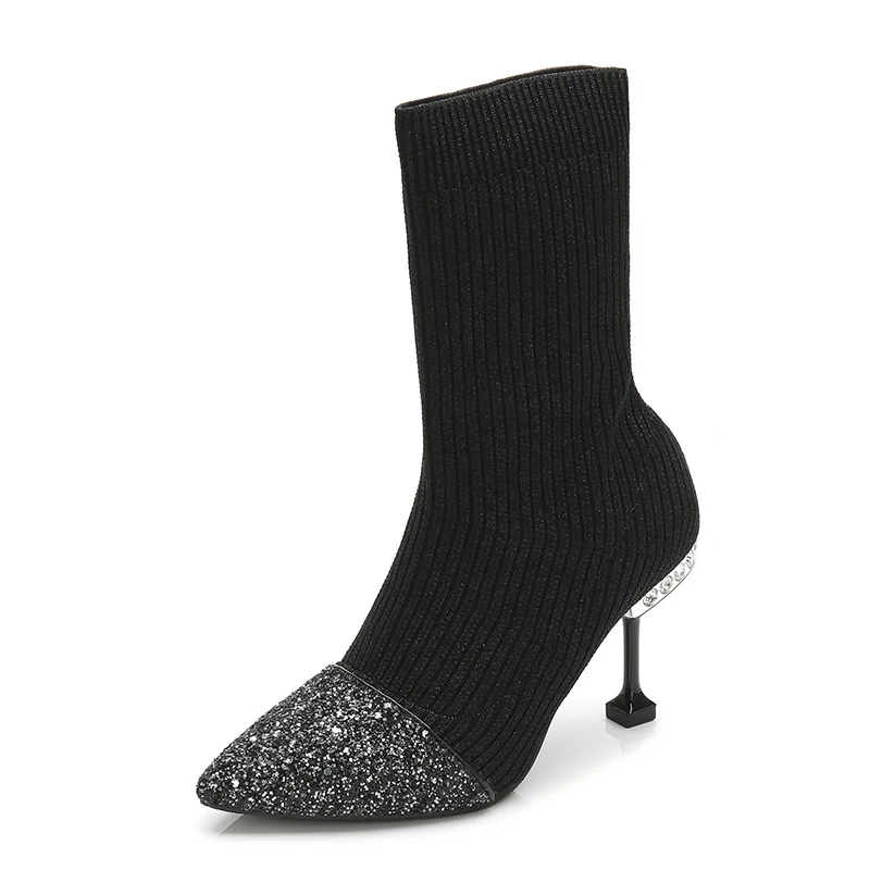 Fashionable knitted GREAT sequined ankle boots for women. Autumn and winter slimming boots with pointed stiletto heels a — photo 19