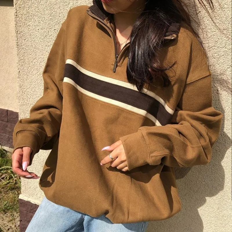 Moletom feminino americano retrô marrom patchwork sem capuz gola — foto 6