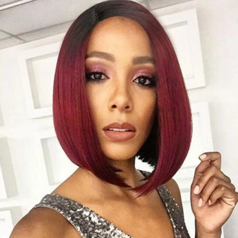 Peruca Bobo Feminina Preta com Degradê Vermelho Vinho, Tingimento no Ponto Médio, Estilo Moderno, Fácil de Colocar, Confortável. — foto 6