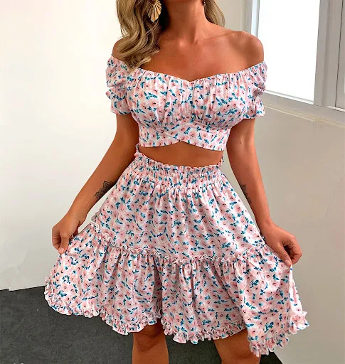 Title 7, Floral Skirt Two-piece Set Off-the-shoulder Sle...