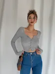 Homemade super revealing high waisted short top with collarbone exposure and long sleeves. A spicy look that girls love — photo 3