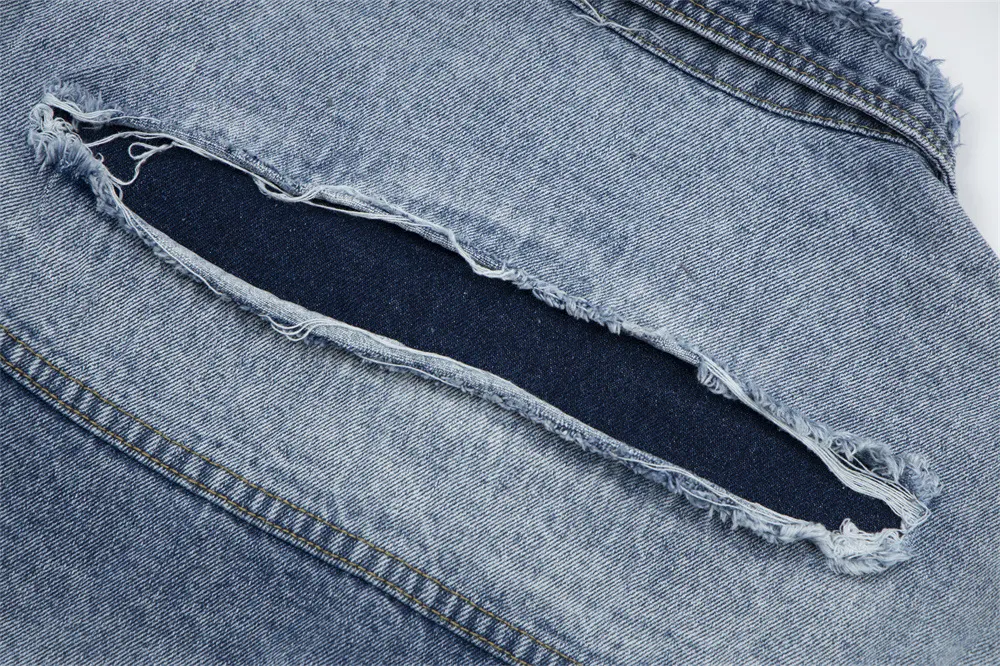 Title 15, Washed and worn ripped denim jacket coat punk s...