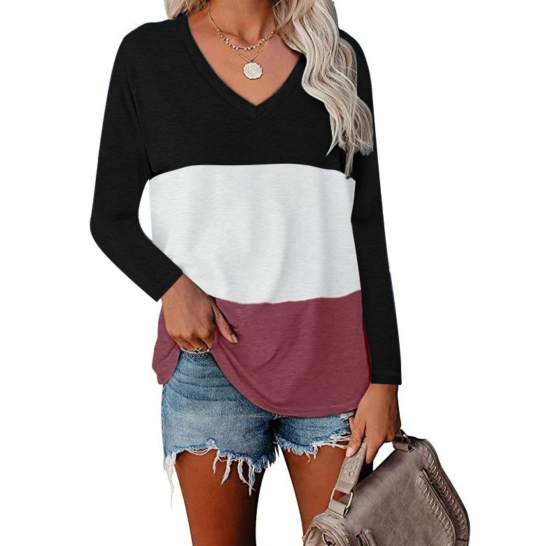 Top de camiseta de patchwork de manga comprida com decote em V — foto 4