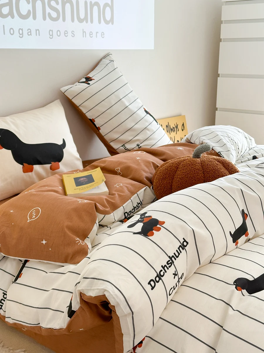 Jogo de cama de algodão com 4 peças, listras e cachorrinho de desenho, perfeito para um sono confortável e aconchegante. — foto 7