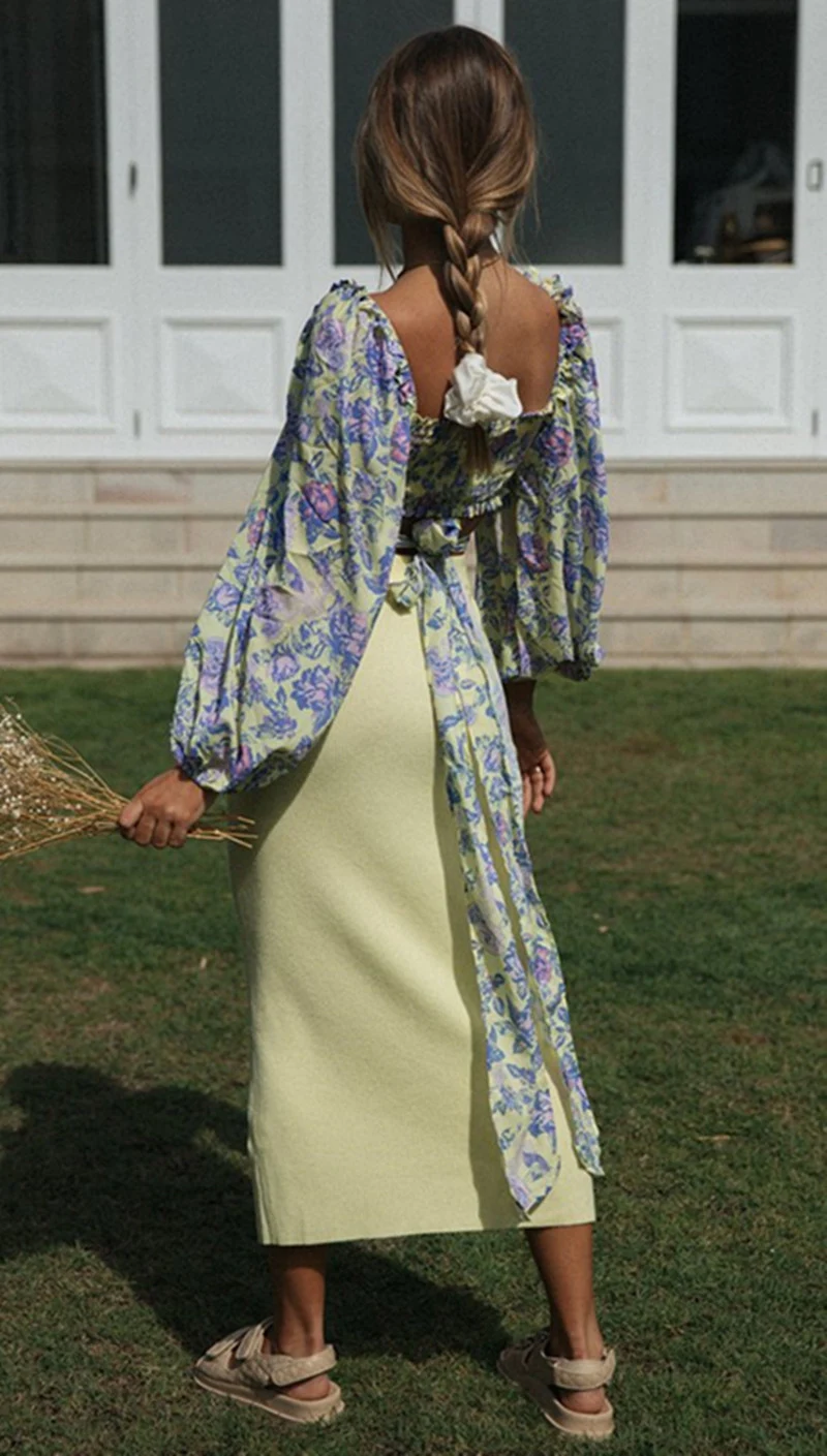 Vestido estampado manga comprida balão top tie camisa — foto 4