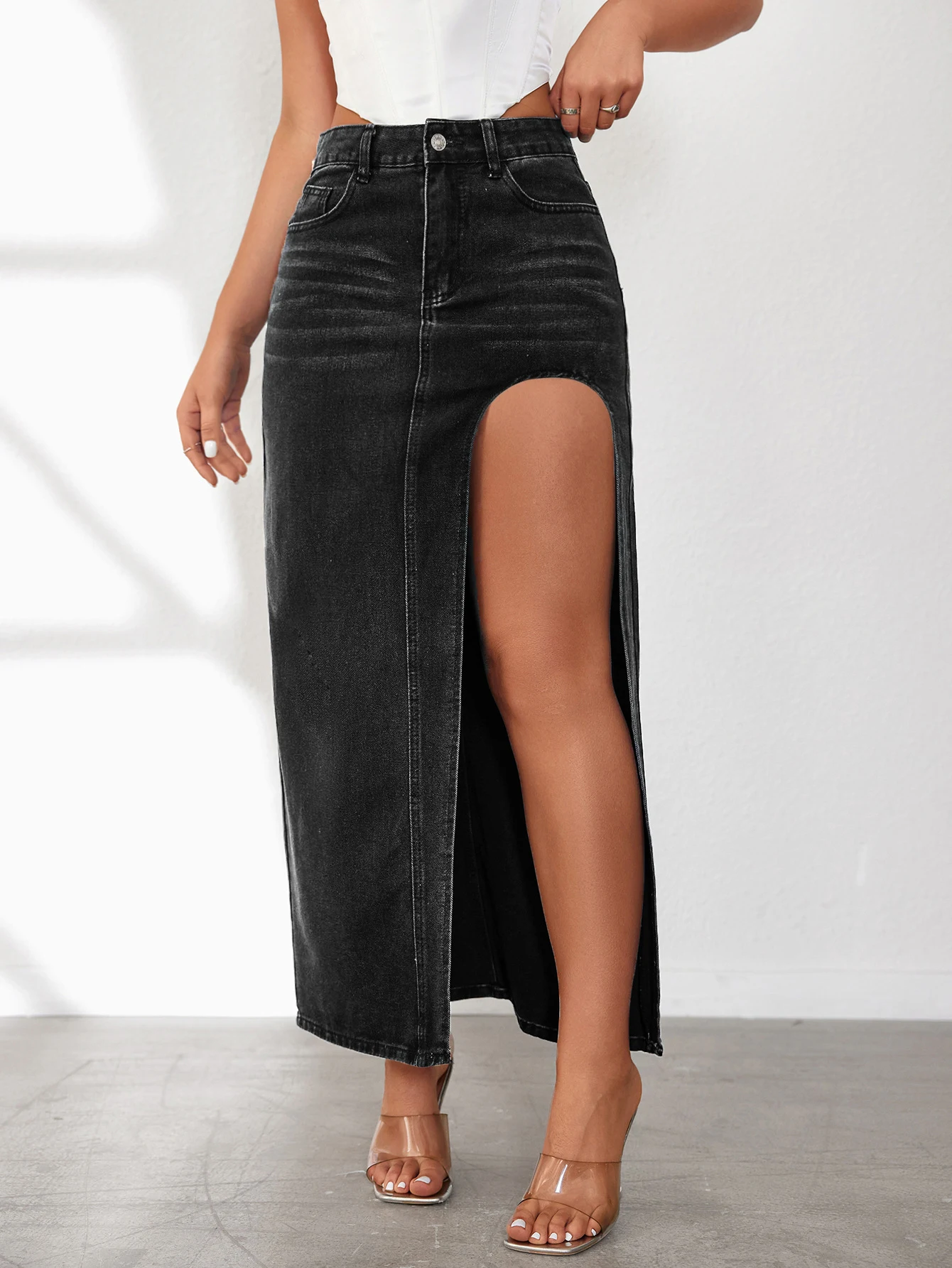Dames Denim Midi Rok met Hoge Split Gewassen Effen Kleur Stijlvol en Comfortabel Perfect voor Casual en Chique Gelegenheden Tijdloos Design — foto 26