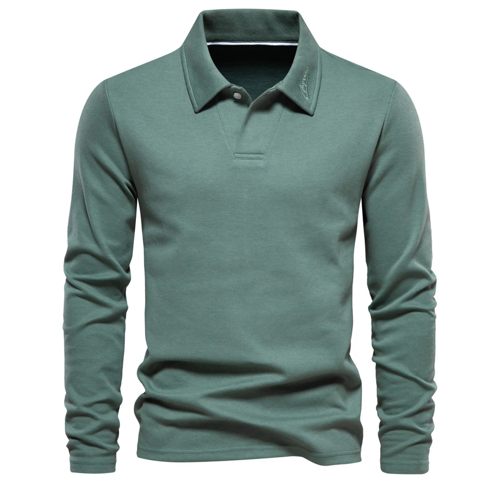 Polo Uomo Manica Lunga con Revers Casual Tinta Unita Top Abbigliamento Comodo e Versatile per un Look Elegante e Informale Adatto a Ogni Occasione — foto 10