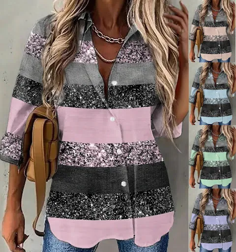 Title 2, Womens Lapel Printed Long Sleeve Button Shirt,...