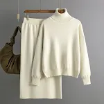 Set due pezzi donna, maglione dolcevita tinta unita e gonna a tubino, perfetto per autunno e inverno, elegante e caldo. — foto 4