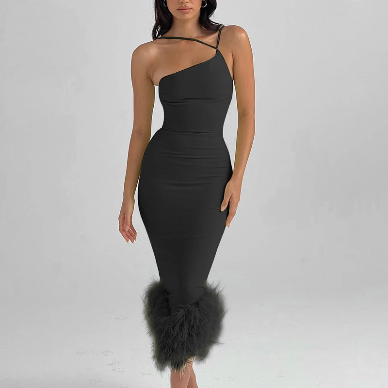 Women's One-shoulder Halter Fur Dress Dress — photo 2