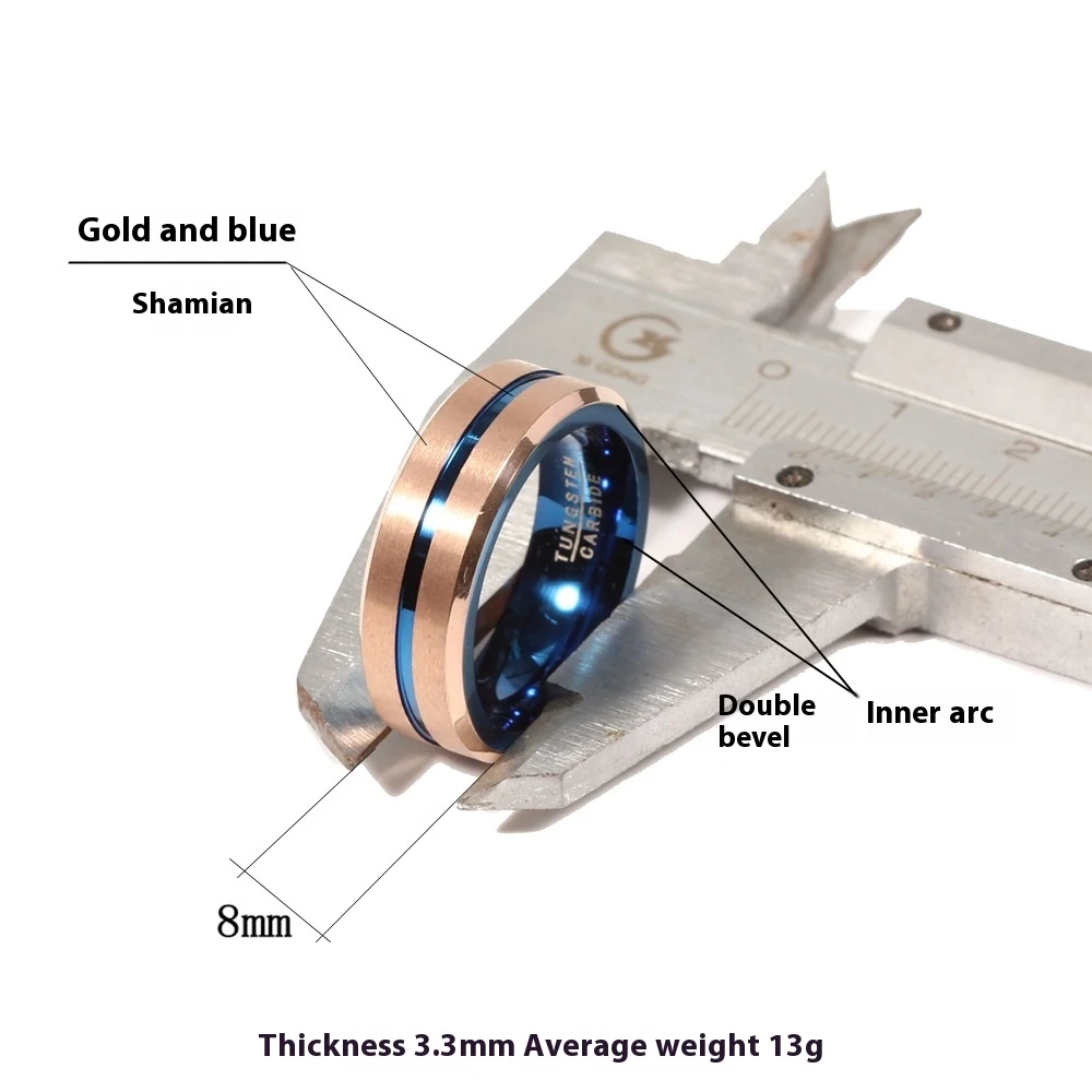 Anel masculino de aço de tungstênio bicolor azul e ouro rose, tungstênio e ouro. Resistente, elegante e perfeito para o homem moderno. — foto 8
