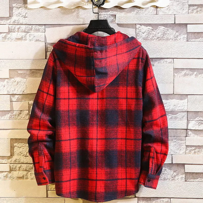 Camisa masculina xadrez casual manga longa com capuz folgada tamanho grande, ideal para conforto e estilo — foto 1