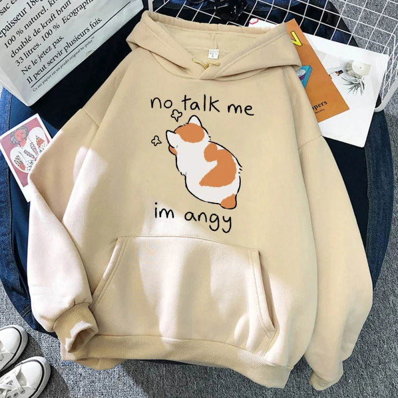 Felpa con cappuccio da donna con stampa gatto arrabbiato "No Talk Me Cute", comoda e perfetta per un look casual e divertente. — foto 12