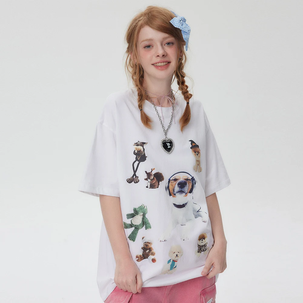 Camiseta feminina de manga curta com estampa de cachorrinho criativo — foto 16