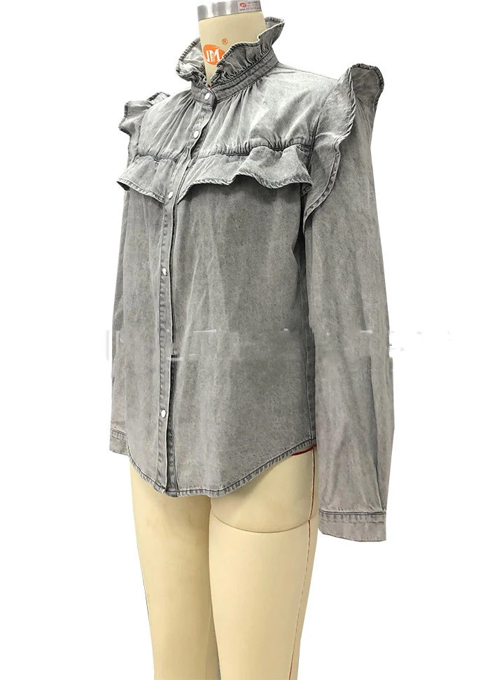 Title 3, Denim overhemd met ruches, dunne Commuter-denimtop