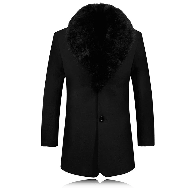 Men's Wool Solid Color Plus Velvet Lined Large Fur Collar Warm Windbreaker for Cold Weather — photo 7