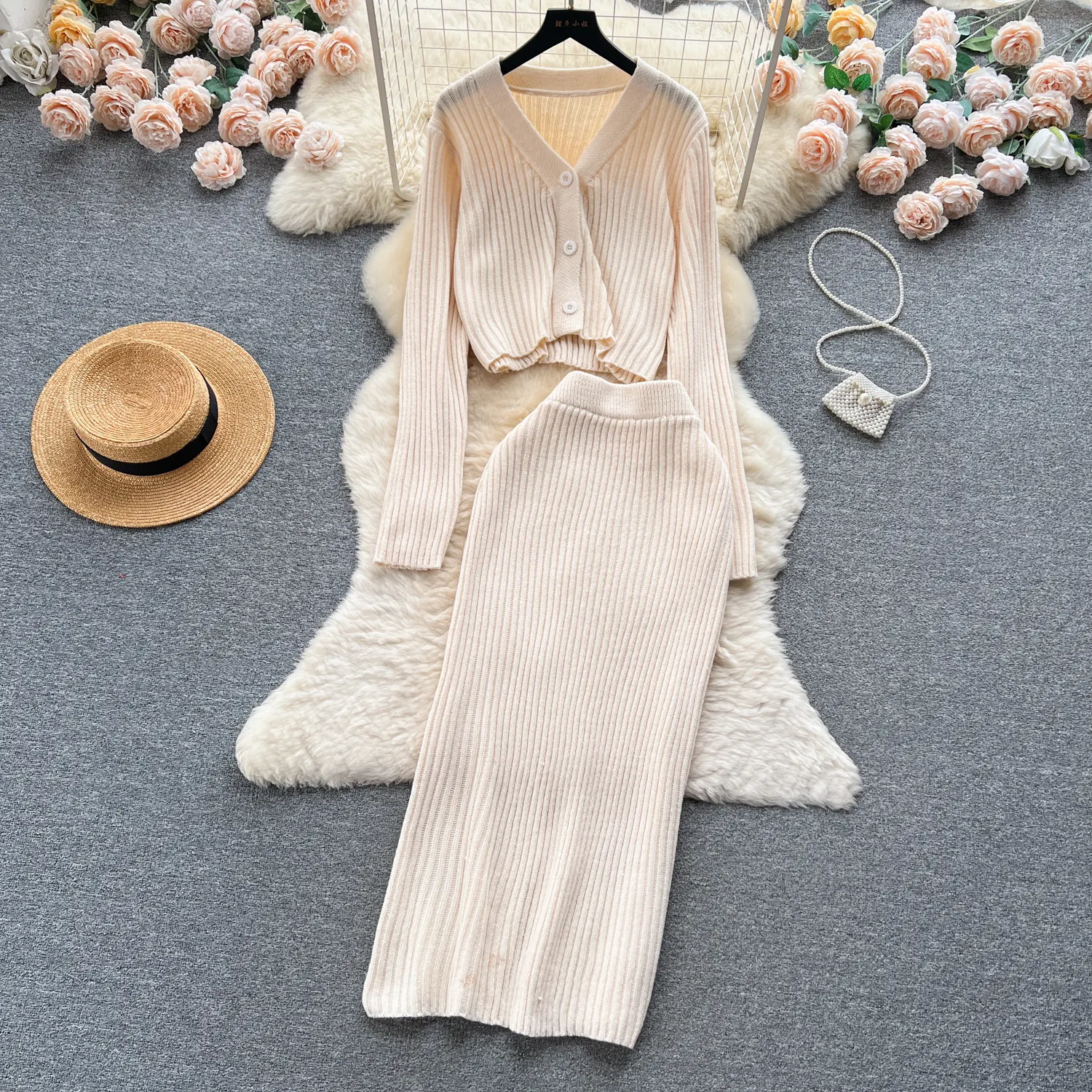 French Style Retro V-neck Long Sleeve Cardigan Top and Skinny Sheath Skirt Two-piece Set. Effortlessly chic and perfect — photo 5