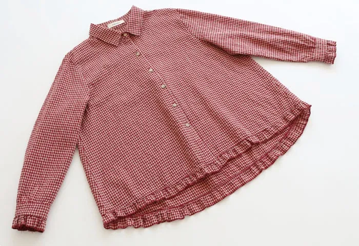 Title 5, Cotton and Linen Ruffled Plaid Lapel Long-sleev...
