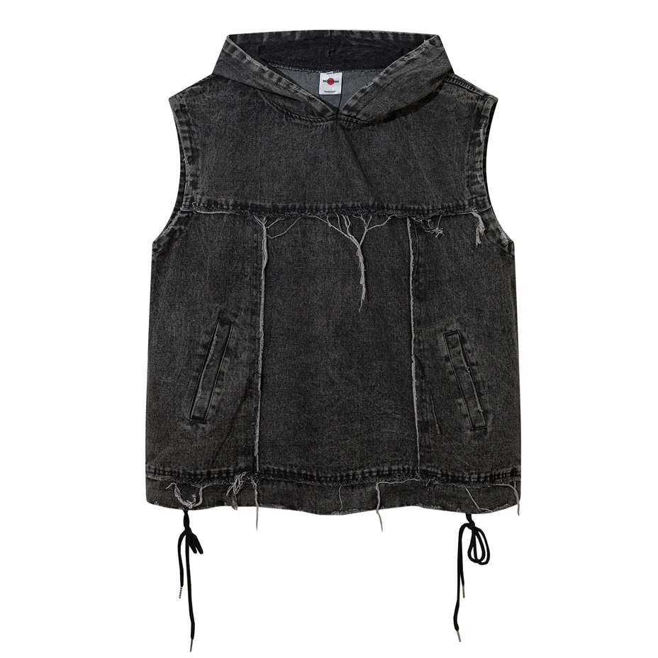 American Street Hooded Denim Pullover Vest for Men, Raw Edge Distressed Workwear Denim Jacket, perfect for everyday use. — photo 16