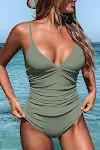 Maiô feminino de uma peça com decote em V profundo e cor sólida, com cobertura de barriga, modelando e realçando a silhueta. — foto 2