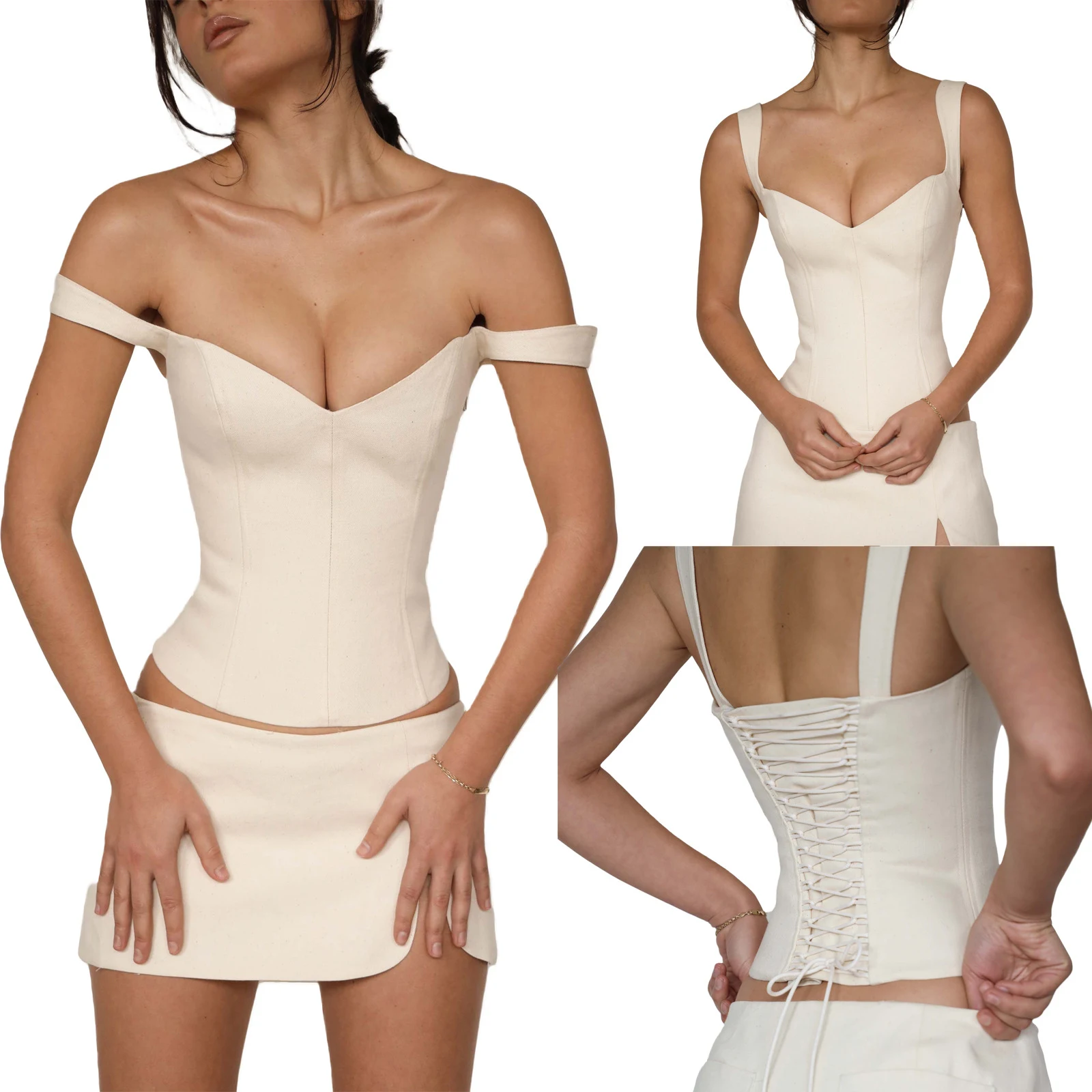 Camicia da donna con lacci e cinturino superiore in cotone che contrae la pancia attillata — foto 16