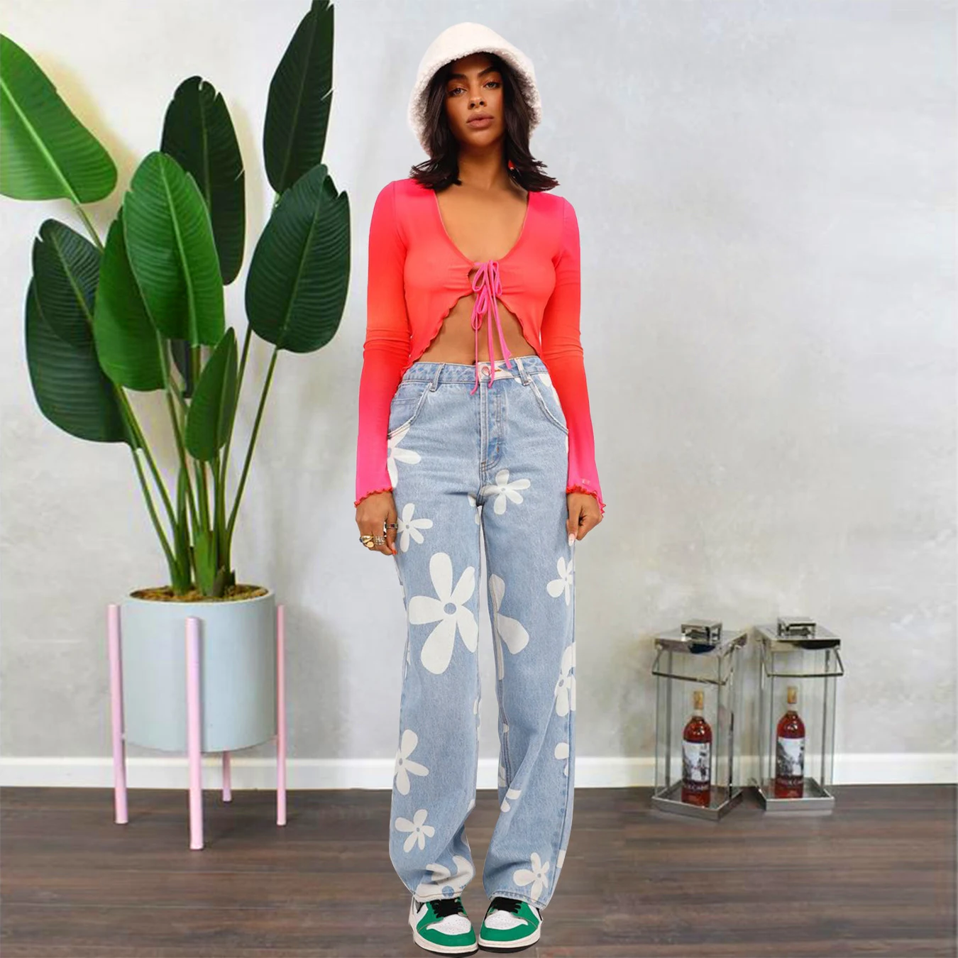 Title 3, Jeans retas femininas com estampas simples e mo...
