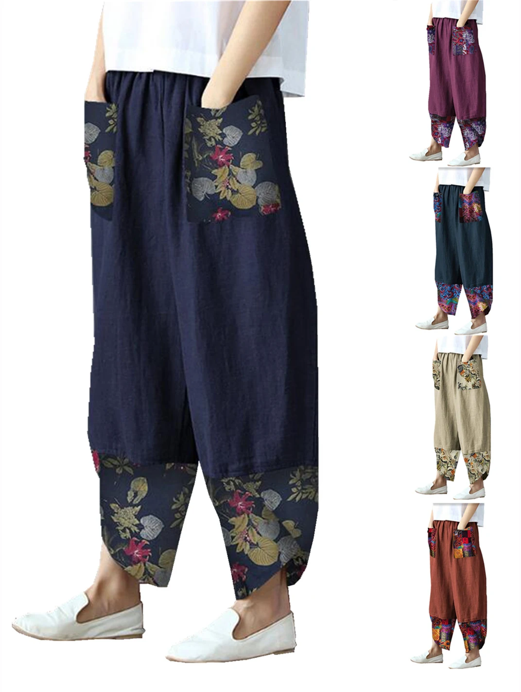 Nove AliExpress štampane patchwork pamučne i lanene pantalone širokih nogavica. Udobne i moderne za svaki dan. Savršene za opušten i trendi izgled. — foto 9