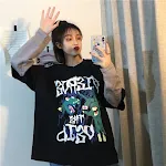 Camiseta feminina esportiva de primavera, manga curta, design de desenho animado de duas peças falsas, solta, ideal para o dia a dia. — foto 7