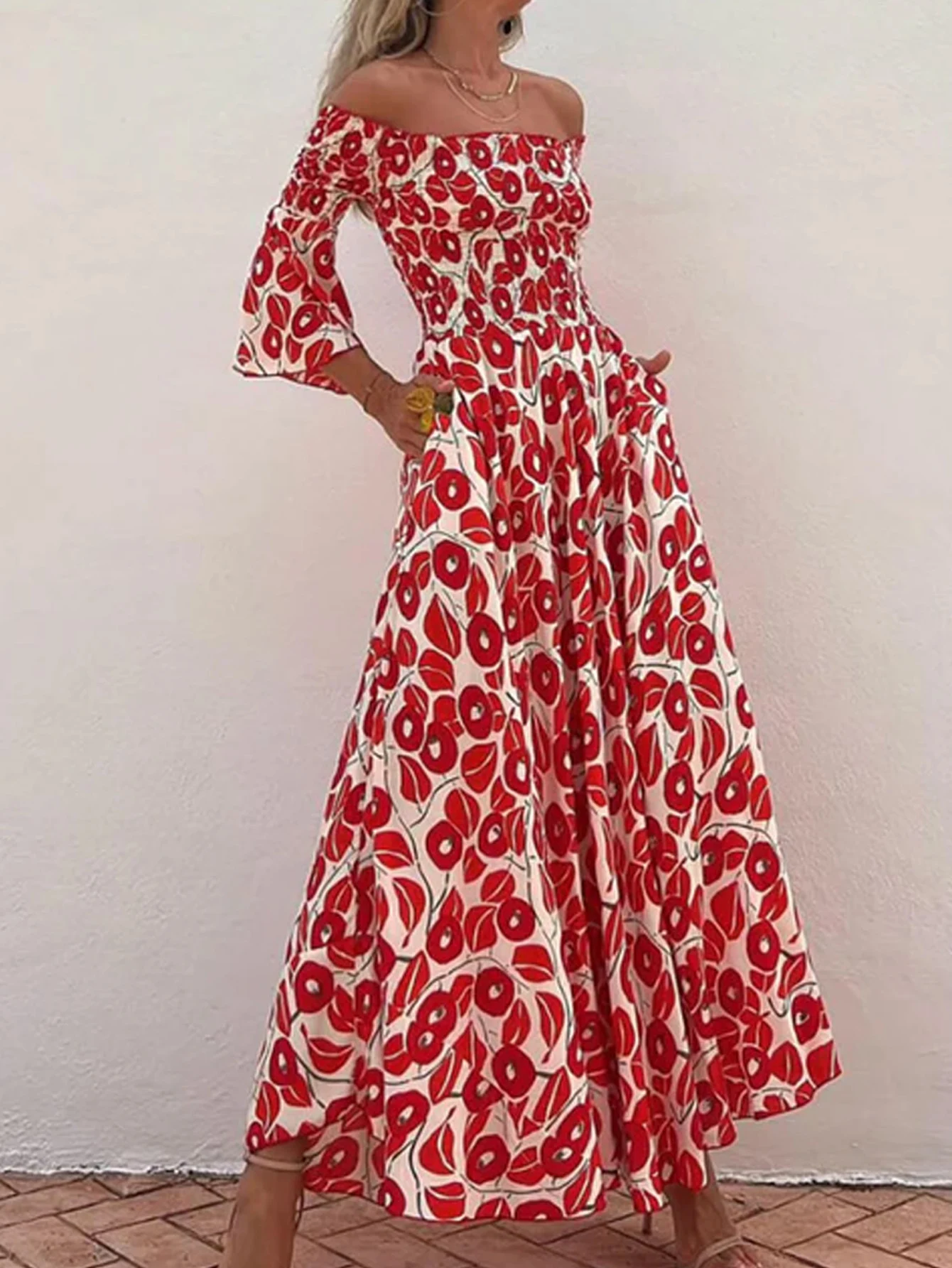 Title 6, Floral Pleated Off-the-shoulder Pocket Long Dress