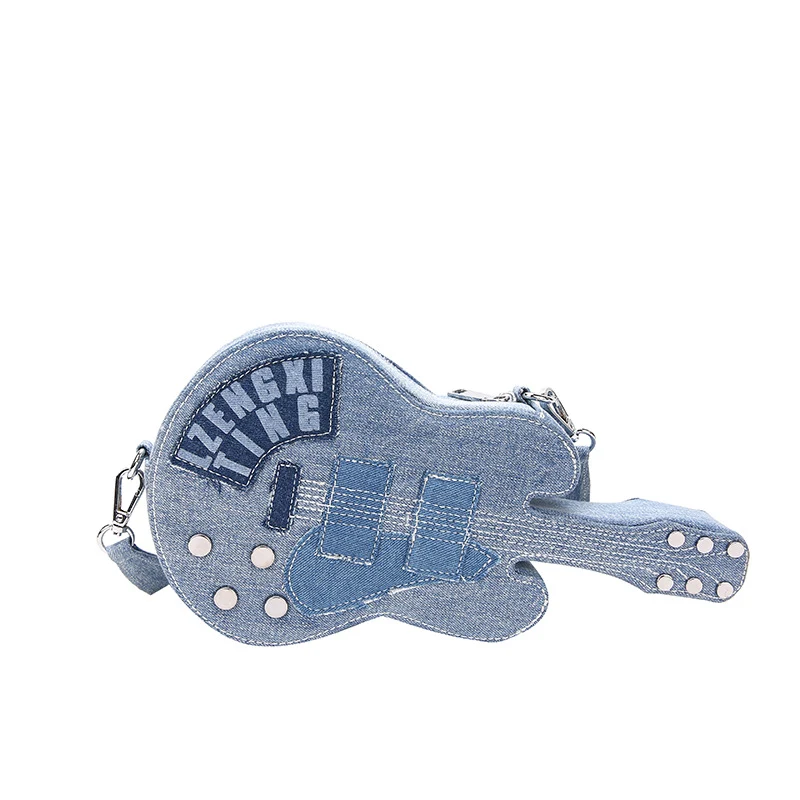 Bolsa transversal feminina criativa em forma de guitarra de jeans. Design fashion único para ombro. Leve seus pertences com estilo. — foto 2