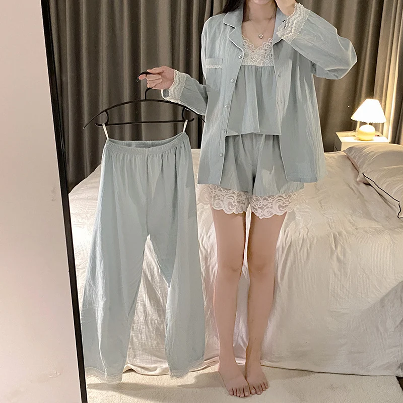 Women's Suspender Lace Long Sleeved Robe and Trousers Household Suit. Comfortable Loungewear for Relaxing at Home. — photo 5