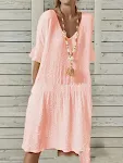 Cotton And Linen Solid Color Half Sleeves Bell Sleeve V-neck Large A-line Dress — photo 2