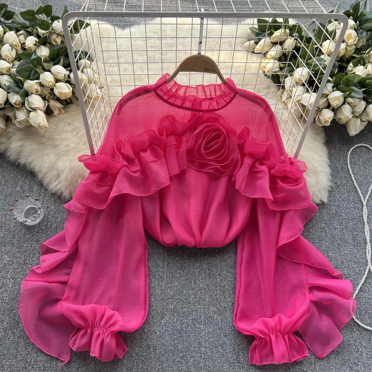 Irregular Ruffled Mesh Blouse Women's Pullover Pleated Slim Top, perfect for a stylish and modern look, enhances your si — photo 6