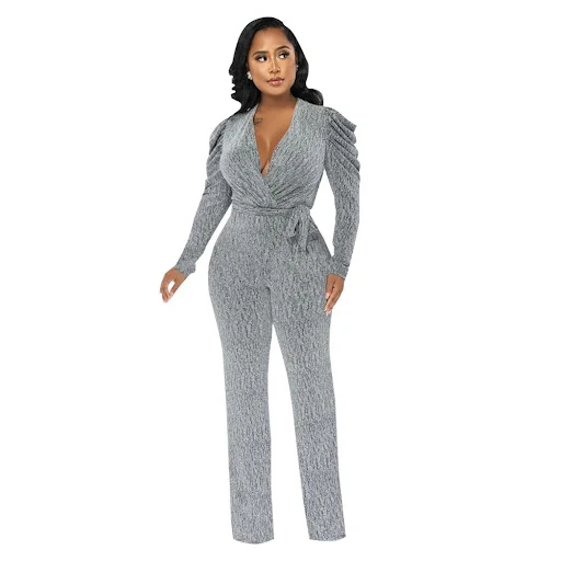 Title 6, Sexy Waist Trimming V-neck Puff Sleeve Glossy K...