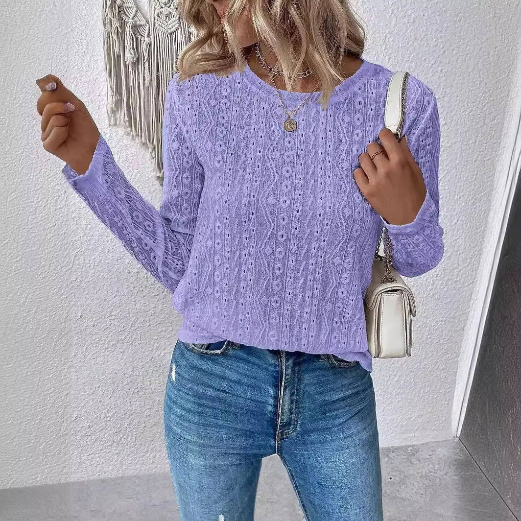 Round Neck Jacquard Lace Casual Commuting T-shirt, a comfortable and stylish top, perfect for everyday wear and casual o — photo 14
