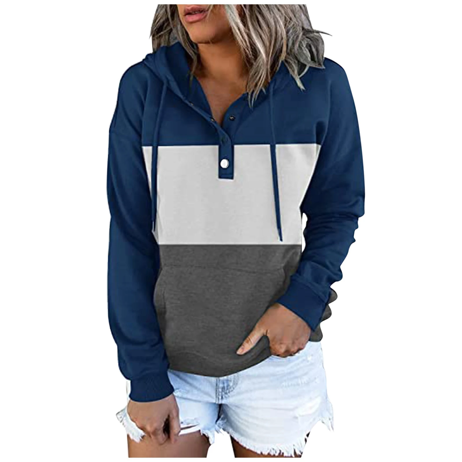 Moletom feminino colorblock de lã com decote em V e capuz com cordão — foto 6