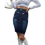 Saia jeans stretch feminina lavada com miçangas, conforto e estilo, perfeita para looks casuais e modernos, valoriza a silhueta. — foto 1