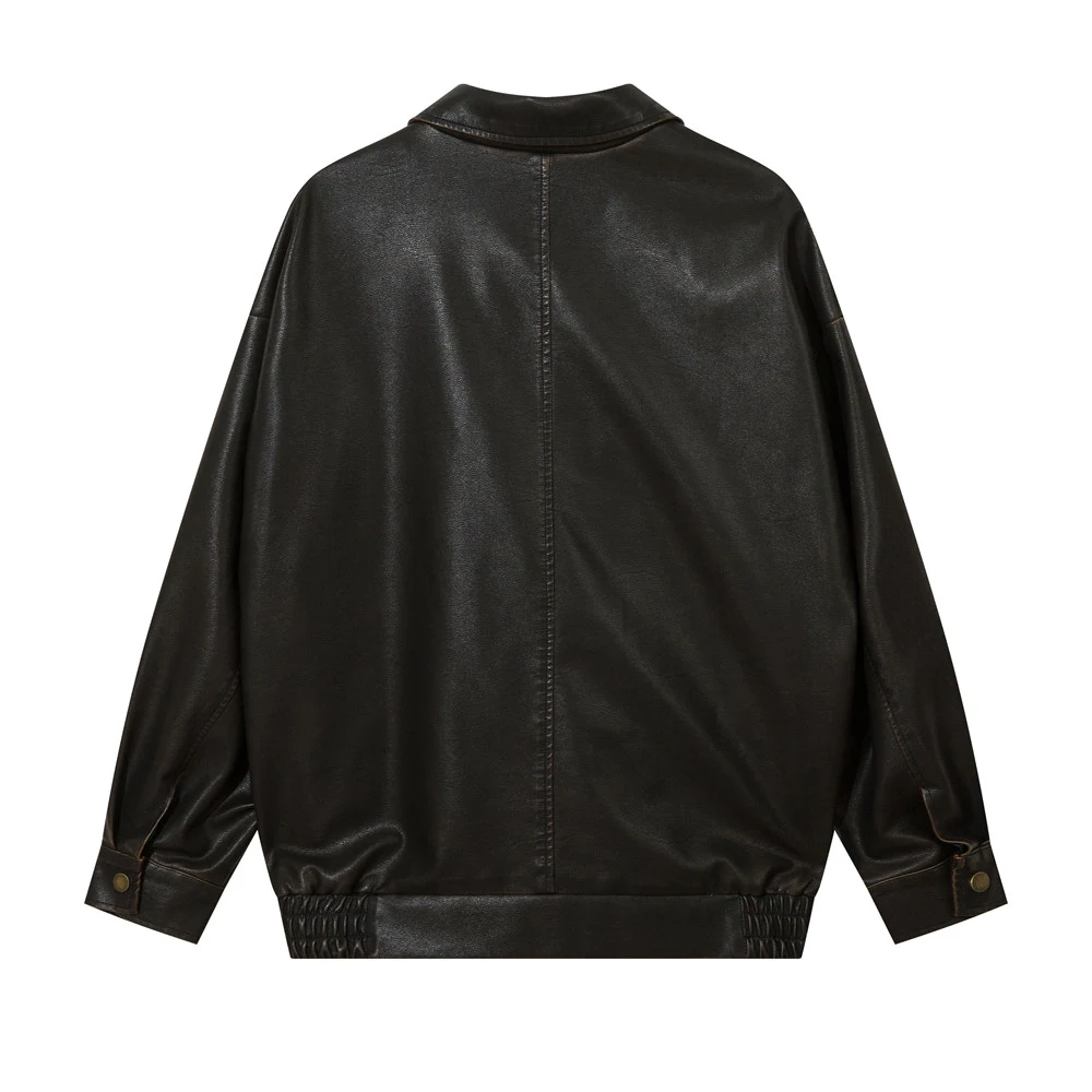 American Solid Color Polo Collar PU Leather Coat, combining classic style with modern comfort. Perfect for a sophisticat — photo 5
