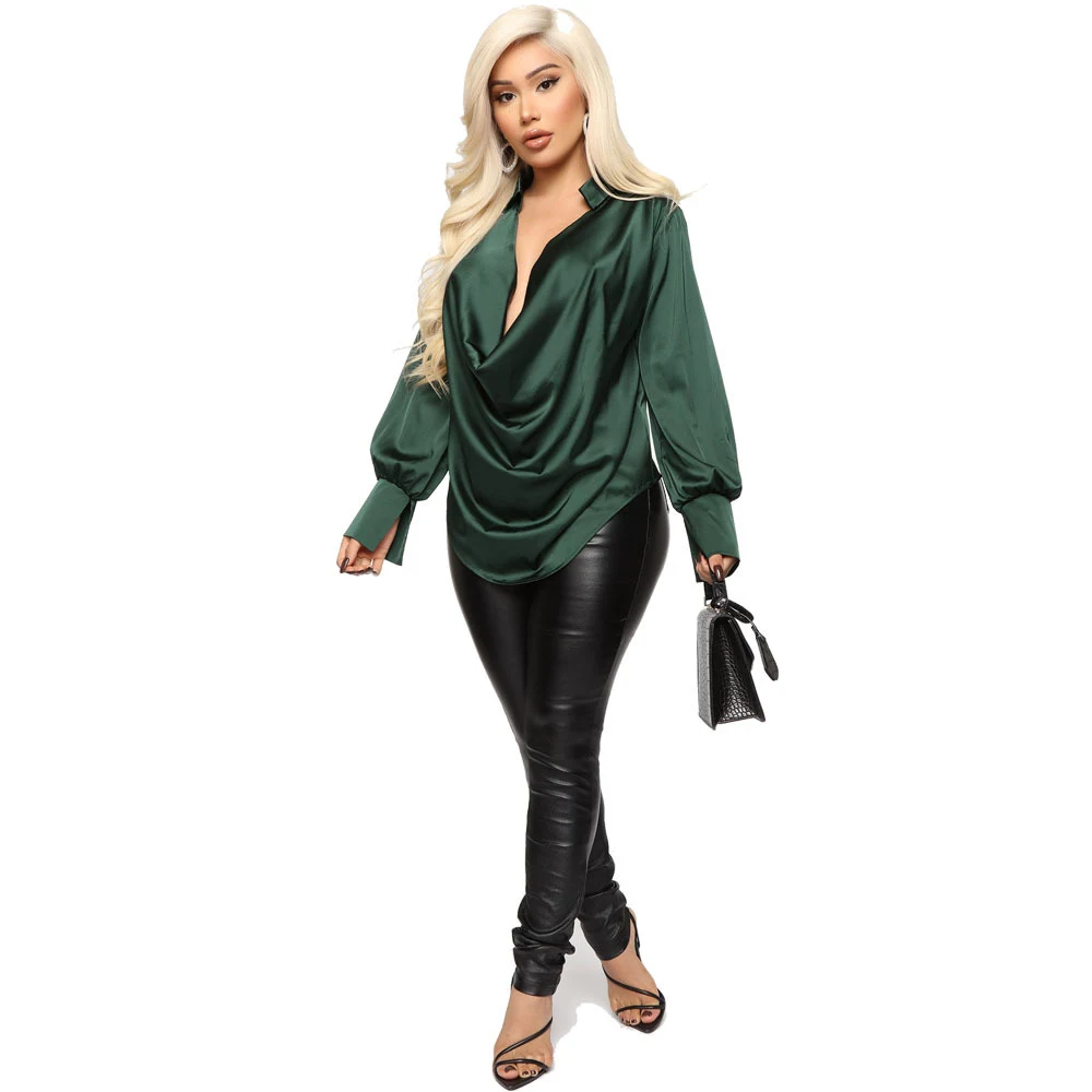 Title 6, SexyTemperament Long-sleeved Deep V-neck Satin ...